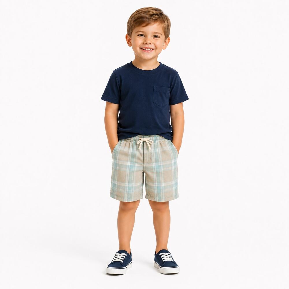 Circo Boys Plaid Drawstring Shorts Size 4T Tan Blue Adjustable Waist Summer